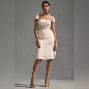 By Anthropologie Flutter-Sleeve Satin Sheath Dress in Light Sand